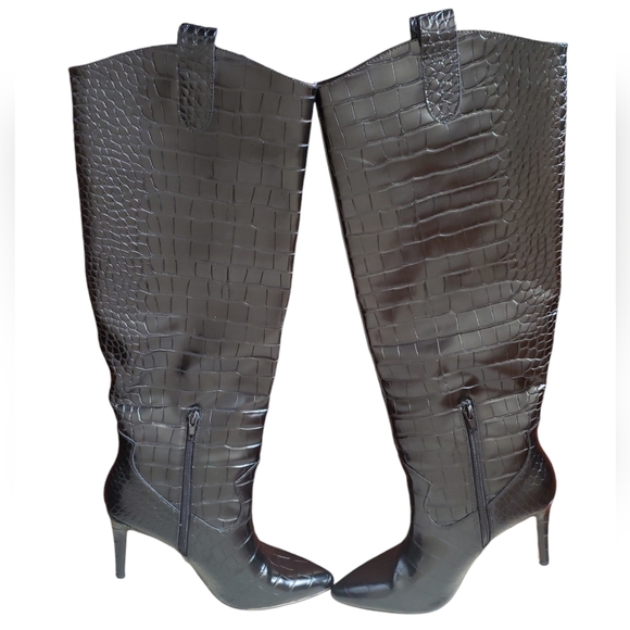 Shu Shop Black Croc Fitted Over-Knee Pointed Heeled Boots Women's Size 9 - Picture 14 of 17